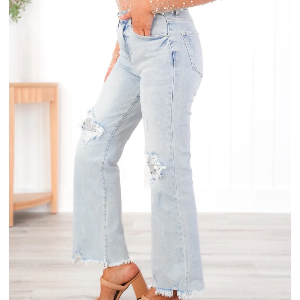 Risen High Rise Acid Wash Sequin Knee Patches Relaxed Jeans in Various NWT - Picture 4 of 5